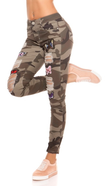 camouflage jeans gebruikte used look met patches leger-kleurig